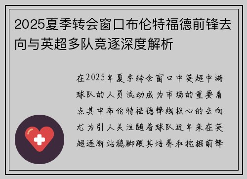 2025夏季转会窗口布伦特福德前锋去向与英超多队竞逐深度解析