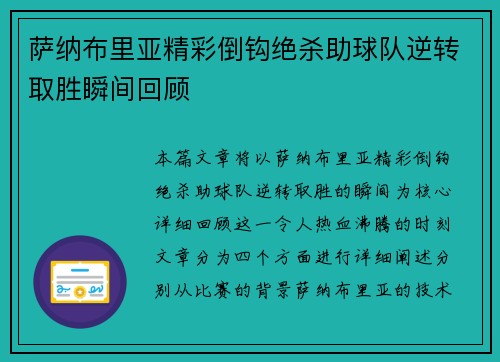 萨纳布里亚精彩倒钩绝杀助球队逆转取胜瞬间回顾