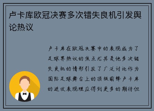 卢卡库欧冠决赛多次错失良机引发舆论热议